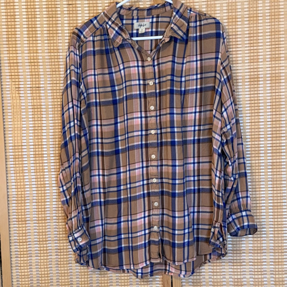Style & Co Women 2X Brown Blue Plaid Button Down Rayon Shirt Long Sleeve Top - Picture 1 of 8